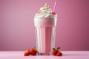 AI generated Summery indulgence Pink fresh milkshake with strawberry, yogurt, and cream photo