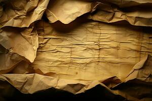 AI generated Aged storytelling Close up of crinkled parchment with sepia toned streaks photo