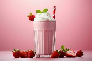 AI generated Creamy coolness Pink strawberry milkshake, a refreshing summer beverage delight photo