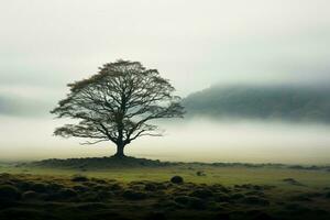AI generated Majestic isolation a solitary tree emerges from the mist alone photo