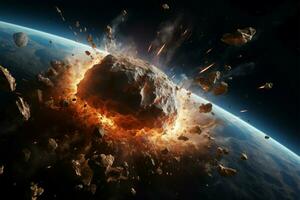 AI generated Galactic catastrophe Meteor impact, space explosion, and asteroid apocalypse concept photo