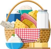 Milk products set in wicker basket png