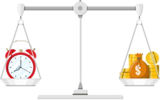 relógio e dourado moedas em balanças png