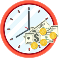 Clock, dollar banknotes and golden coins. png