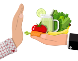 Man refuses take healthy food with hand gesture. png