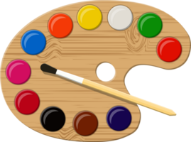Wooden art palette with paints and brush png