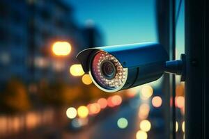 AI generated Bokeh security CCTV camera on window with defocused light backdrop photo