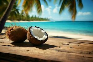 AI generated Summer serenity Tropical beach setting with wooden table and coconut photo