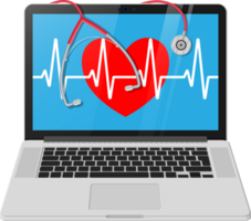 Laptop, heart shape with pulse line, stethoscope png