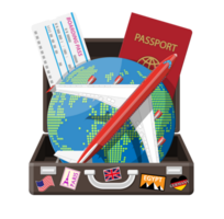 Travel suitcase with stickers and world map png