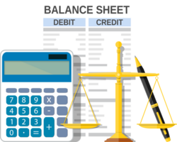 Balance sheet with calculator, scales and pen png