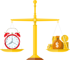 Clock and golden coins on scales png