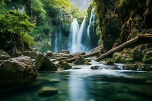 AI generated Deep forest tranquility Natural background photo at Kanchanaburi Emerald Waterfall