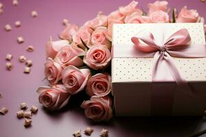 AI generated Blooming surprise Pink roses enhancing the allure of a gift box photo