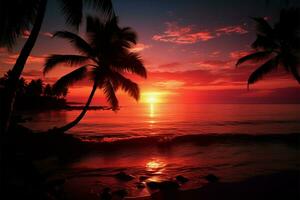 ai generado noche paraíso palma árbol silueta en un puesta de sol besado tropical playa foto