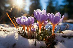 AI generated Winters end Crocuses bloom in a snowy forest with text space photo