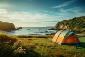 AI generated Seascape campsite Tent and camping equipment on vibrant green grass photo