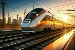 AI generated Speedy commute High speed train in motion on the railway photo