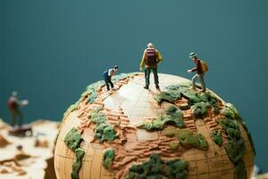 AI generated Destination journey Miniature travelers on the globe, finding their way photo