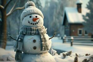 AI generated Festive frost Snowman graces winter landscape with snowy background scene photo