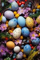 AI generated Easter background with lively colors, decorated eggs, and room for festive greetings photo