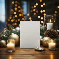 AI generated White greeting card with blank front, realistic on a mockup template in a wooden table in a christmas luxuty background in home inside, photo