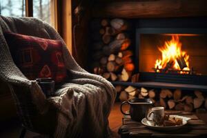 AI generated A cozy cabin interior with a roaring fireplace, soft blankets, and a hot cup of tea photo
