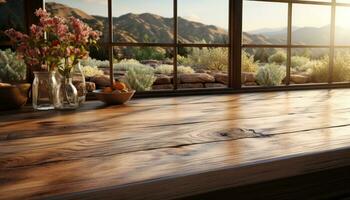 AI generated kitchen wooden table with large windows overlooking field, photo