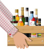 Alcohol drinks in bootle in wooden box in hand png