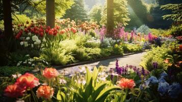 AI generated Vivid garden with vibrant flowers, flourishing plants, and ample space for your message photo