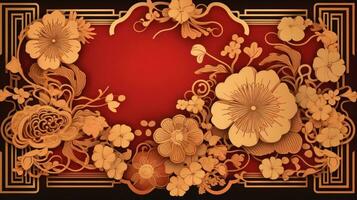 ai generado un vibrante chino nuevo año saludo tarjeta adornado con intrincado dorado patrones foto