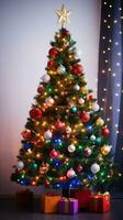 AI generated Christmas tree with colorful lights creating a cozy atmosphere photo