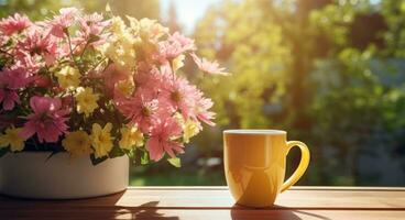 AI generated a yellow mug filled with pink flowers on a wooden table, i photo