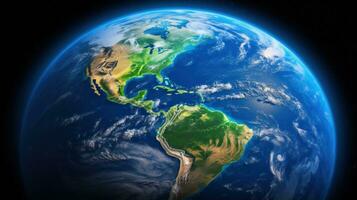 AI generated breathtaking view of our planet from afar, with the deep blue oceans and green land masses visible photo