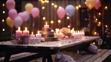 AI generated diy birthday celebration table with lights in the background and banners, photo