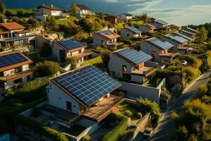 ai generado Dom motorizado casas aéreo perspectiva de casas con solar instalaciones foto