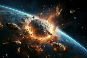 ai generado apocalíptico visión meteorito impacto, espacio explosión, y asteroide apocalipsis concepto foto