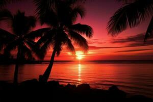ai generado puesta de sol serenidad palma árbol silueta gracias un hermosa tropical playa foto