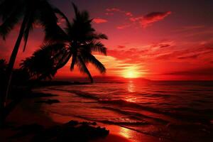 AI generated Sunset serenity Palm tree silhouette graces a beautiful tropical beach photo