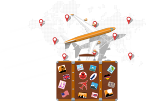 Travel suitcase with stickers and world map png