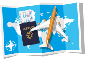 Passenger jet, boarding pass and passport png