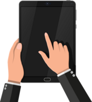 Hand touching screen of black tablet computer png