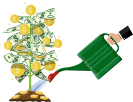 Money tree with golden coins and banknotes png