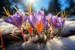 AI generated Floral hope First spring flowers, crocuses bloom in snowy woods photo