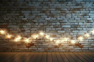 AI generated Seasonal elegance White brick wall with dazzling lights backdrop photo