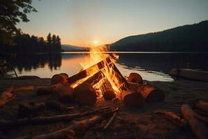AI generated Natures warmth Bonfire campfire by the lake in an outdoor landscape photo