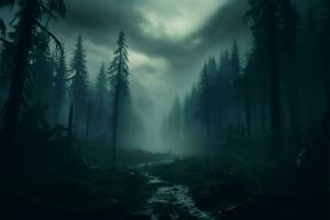 ai generado encantador niebla niebla magia en un oscuro bosque, misterioso ambiente foto