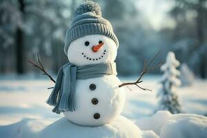 AI generated Frosty friend Snowman stands tall in winter landscape background photo