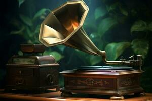 AI generated Antique elegance Vintage aquamarine gramophone on a 90s concept background photo