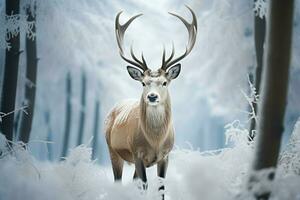 ai generado invierno bosque belleza ciervo en pie en un campo de nieve foto